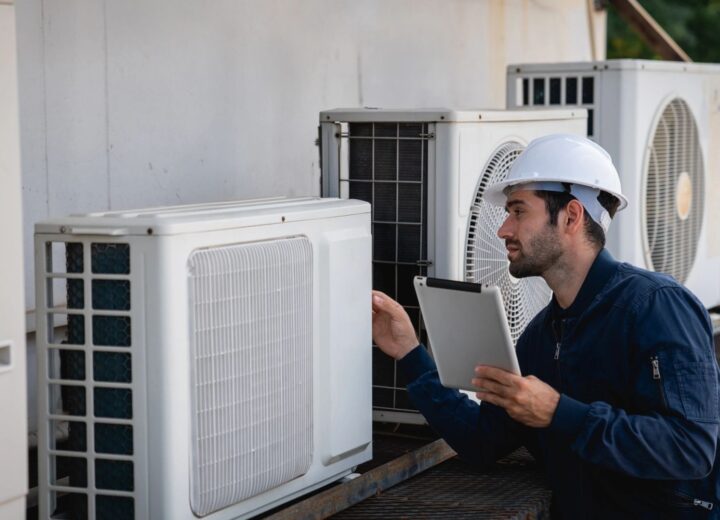 A male technician in a hard hat inspects an outdoor AC unit while holding a tablet.